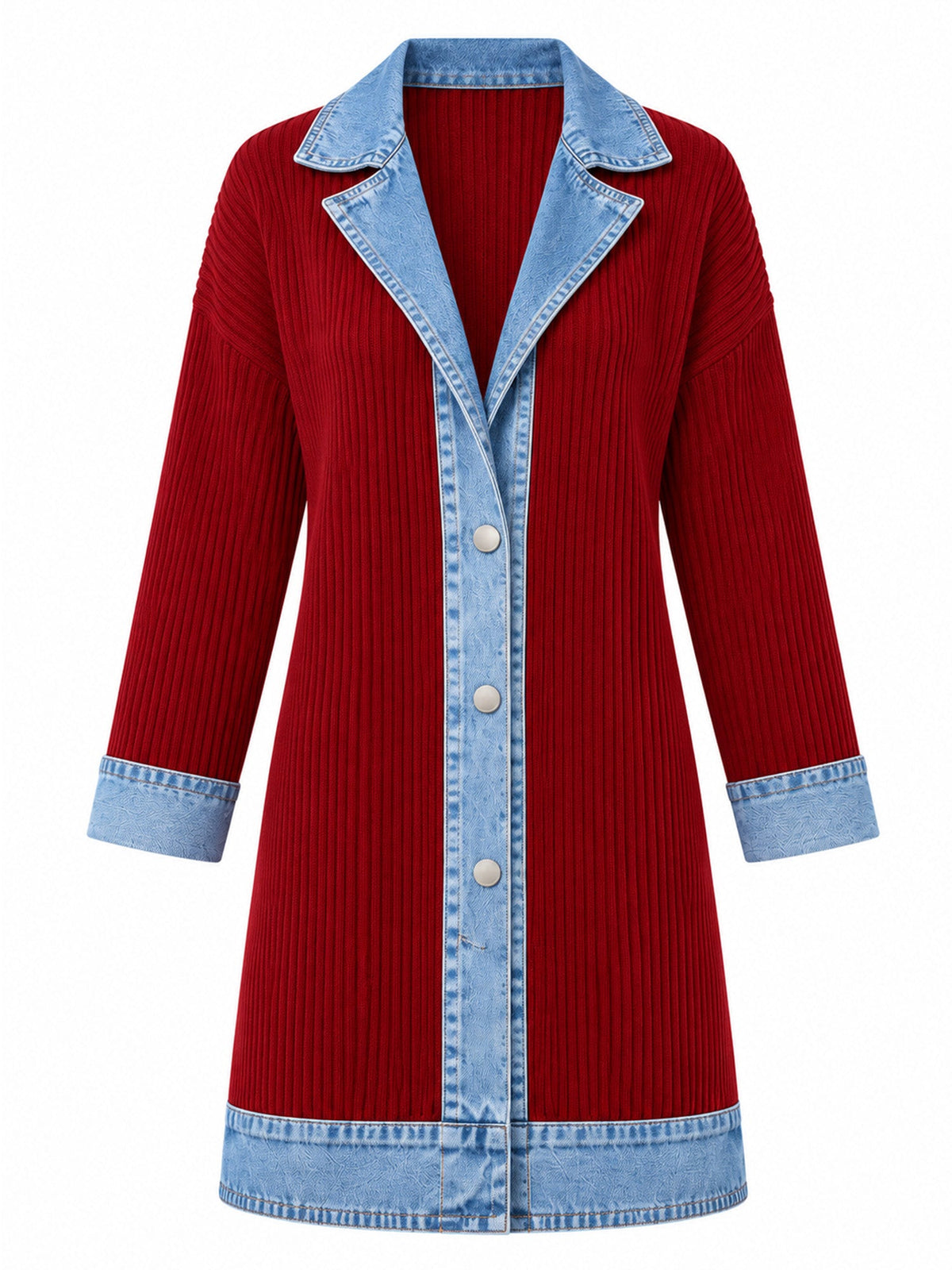 Elegant women's rib-knit coat with denim panels