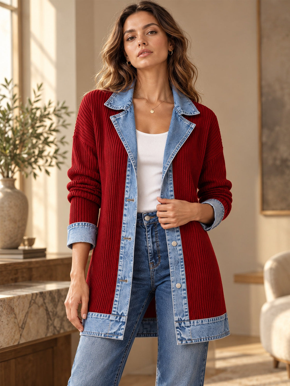 Elegant women's rib-knit coat with denim panels