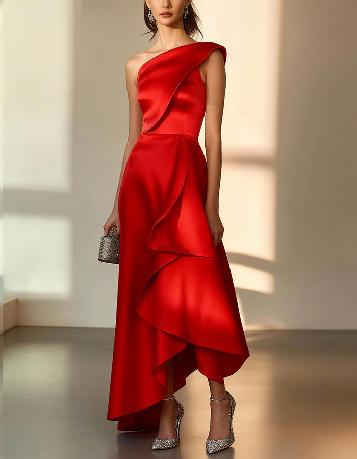 Elegant Satin One-Shoulder Gown with Asymmetric Ruffle