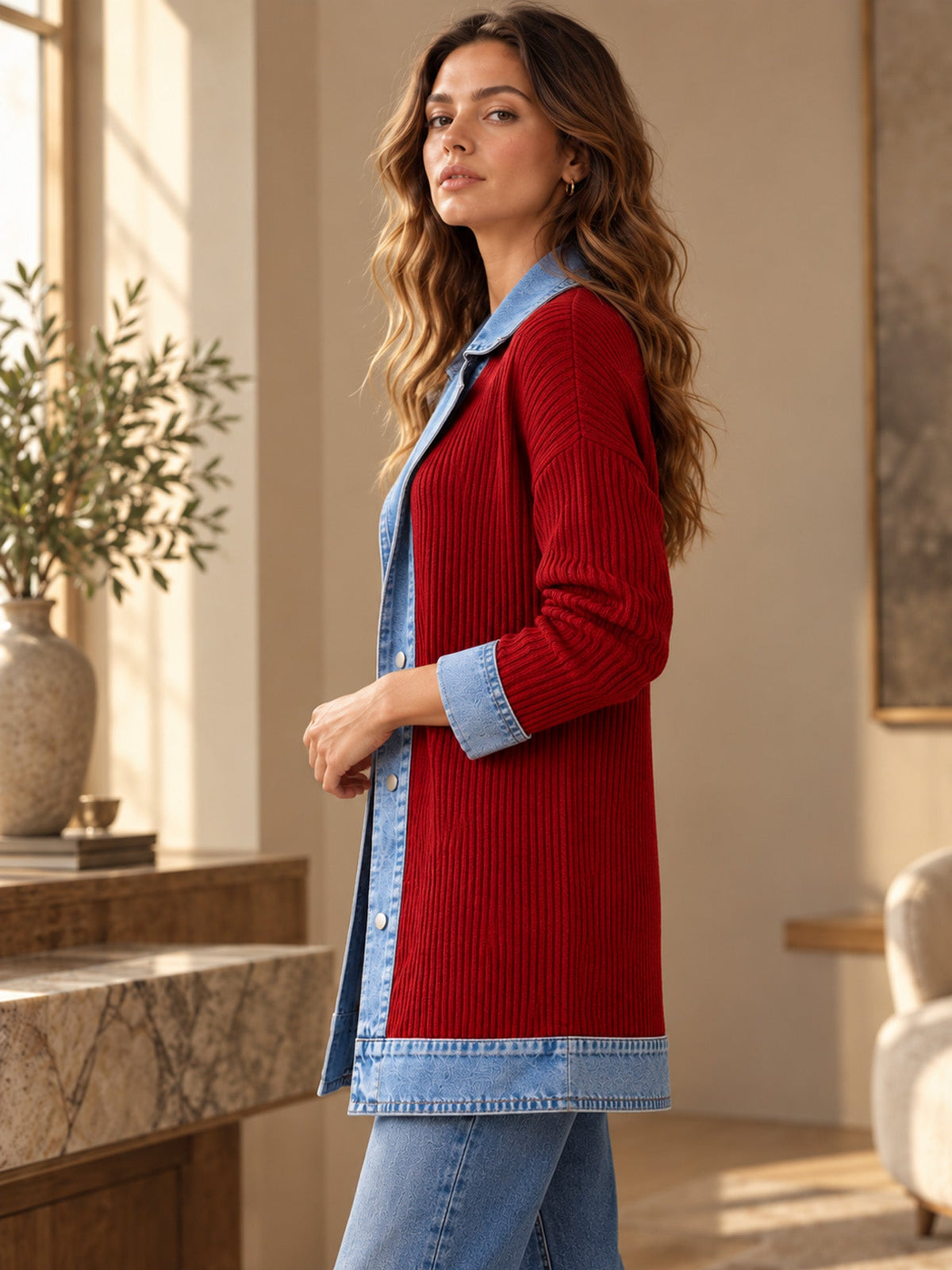 Elegant women's rib-knit coat with denim panels