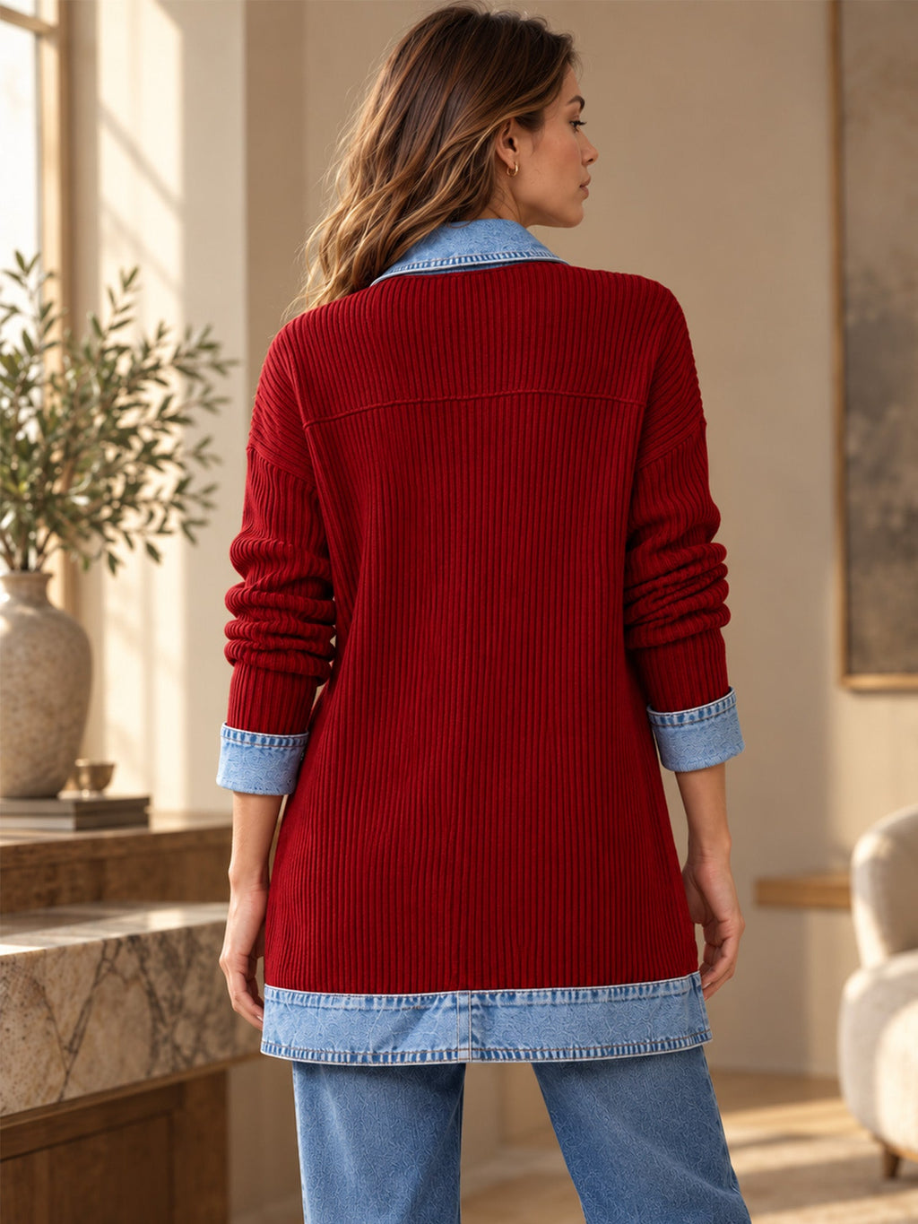 Elegant women's rib-knit coat with denim panels