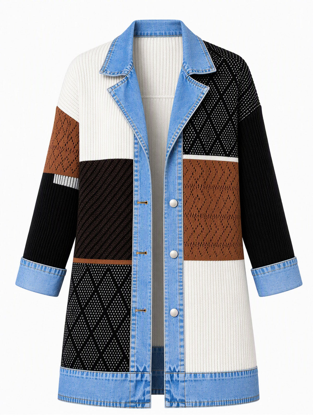 Elegant women's rib-knit coat with denim panels