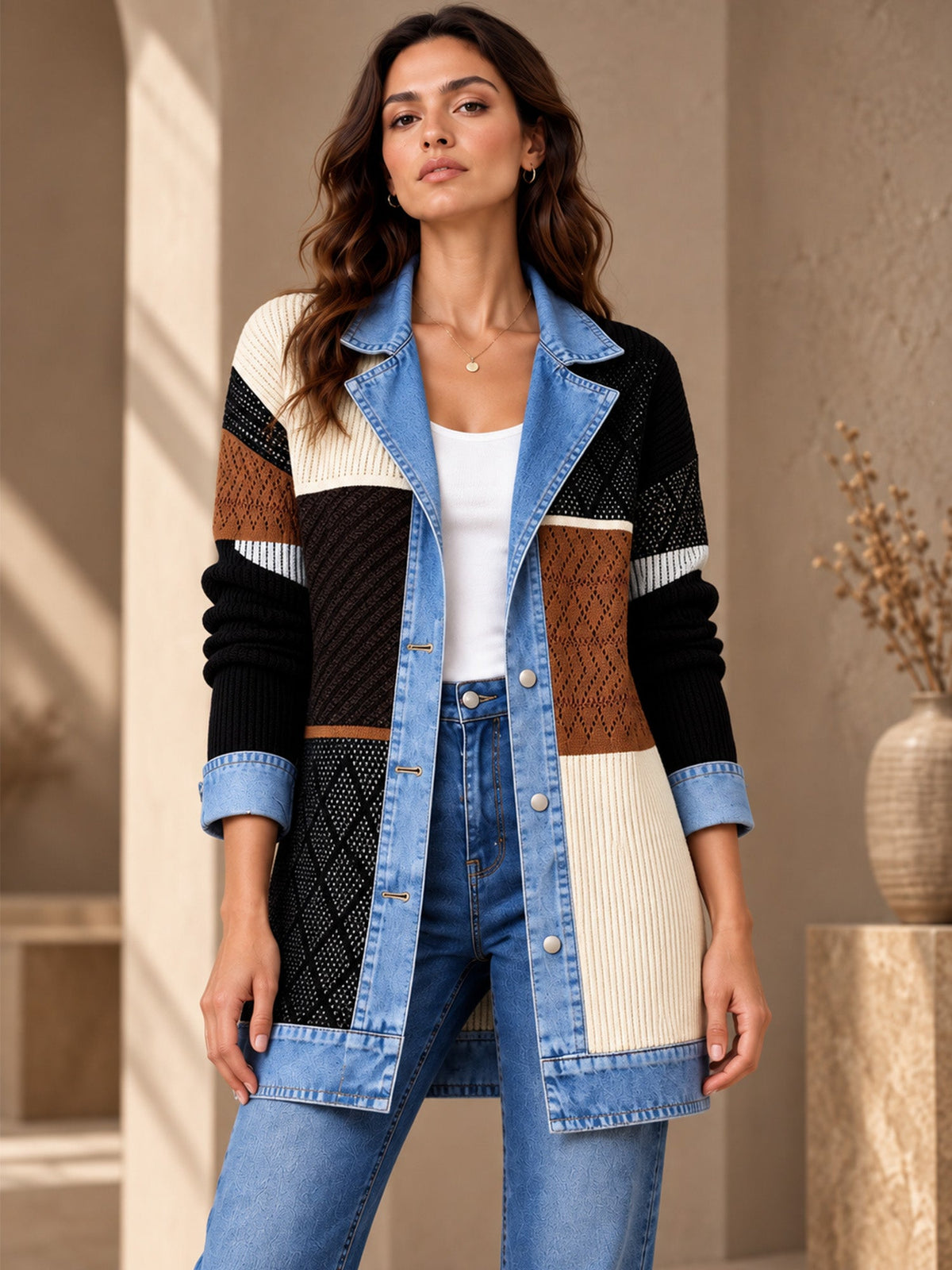 Elegant women's rib-knit coat with denim panels