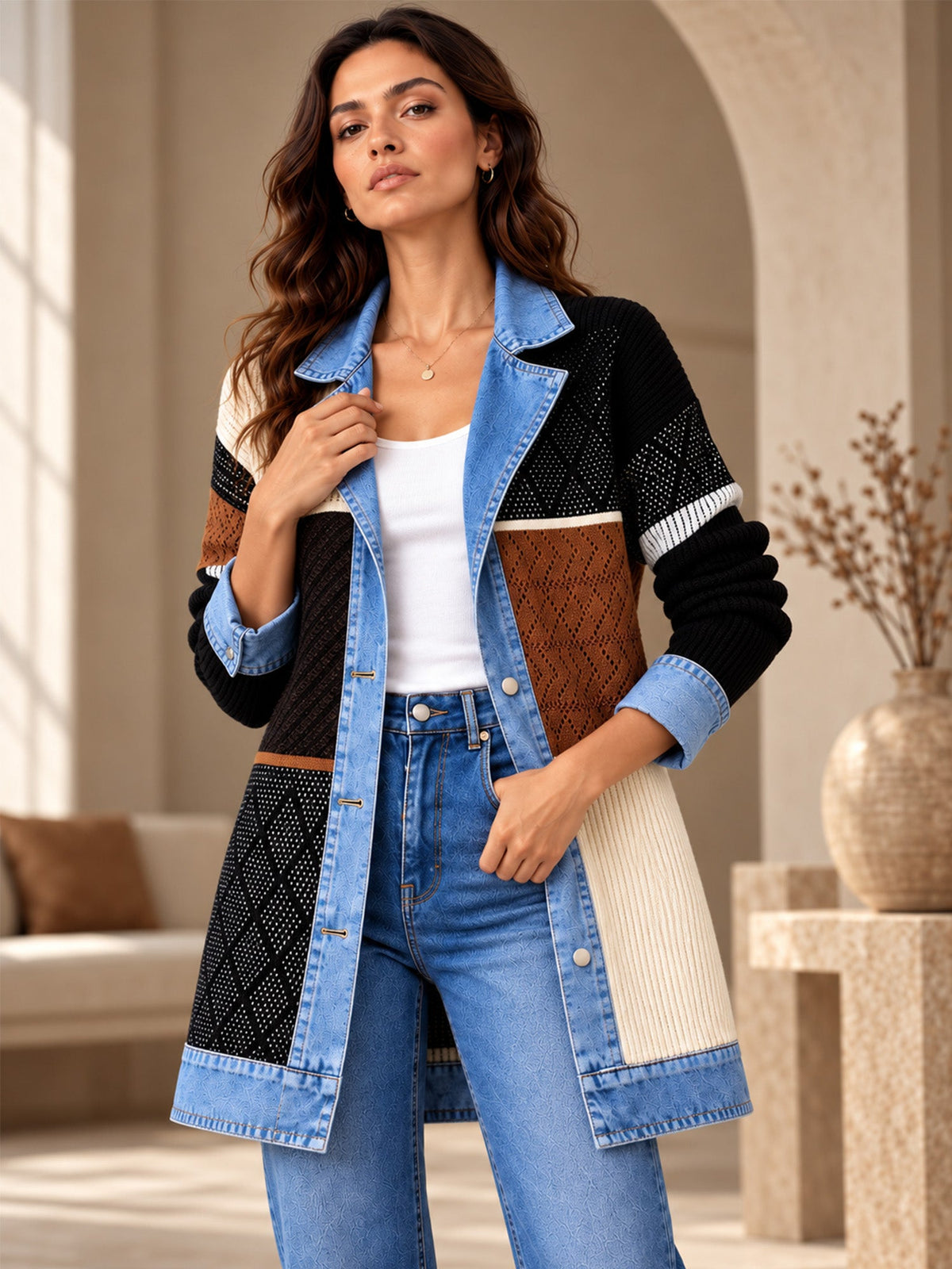 Elegant women's rib-knit coat with denim panels