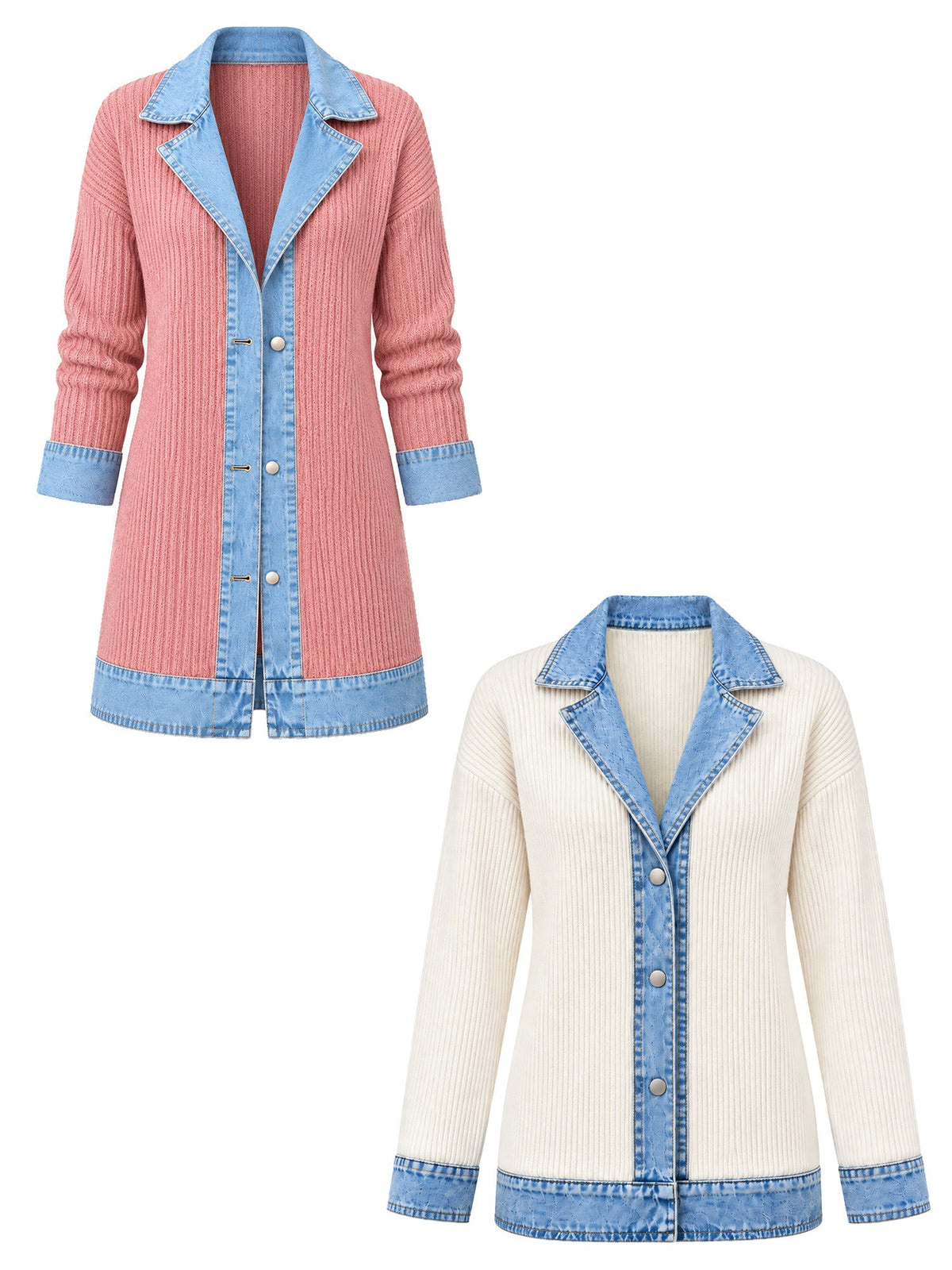 Elegant women's rib-knit coat with denim panels