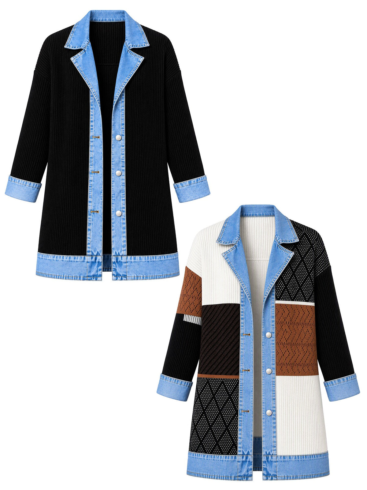 Elegant women's rib-knit coat with denim panels