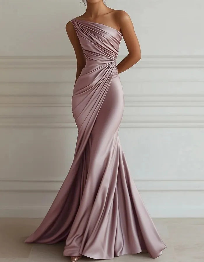 One-Shoulder Stretch Satin Pleated Maxi Dress