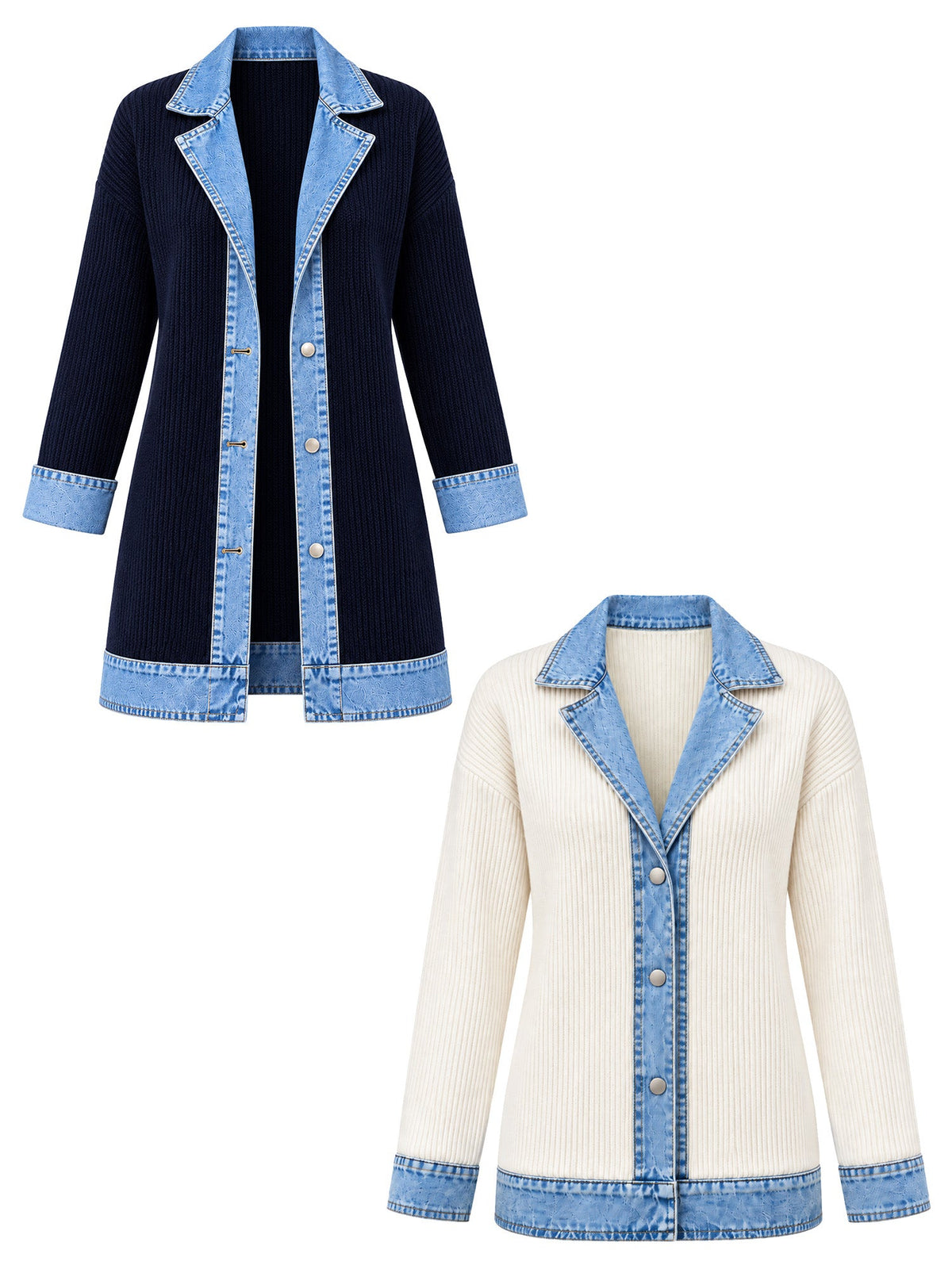 Elegant women's rib-knit coat with denim panels