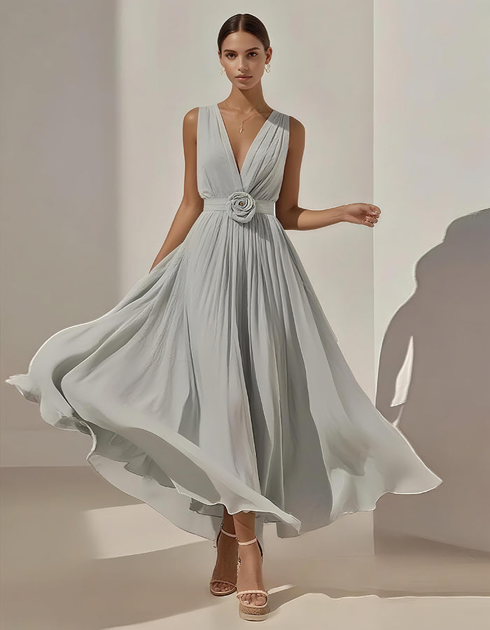 Romantic Pleated Chiffon Midi Dress with Floral Waist