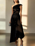 Elegant Satin One-Shoulder Gown with Asymmetric Ruffle