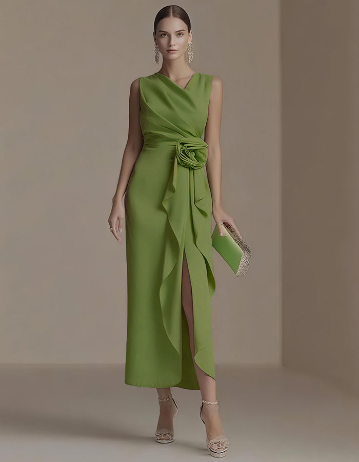 Elegant Satin Midi Dress with Draped Bodice and Floral Waist