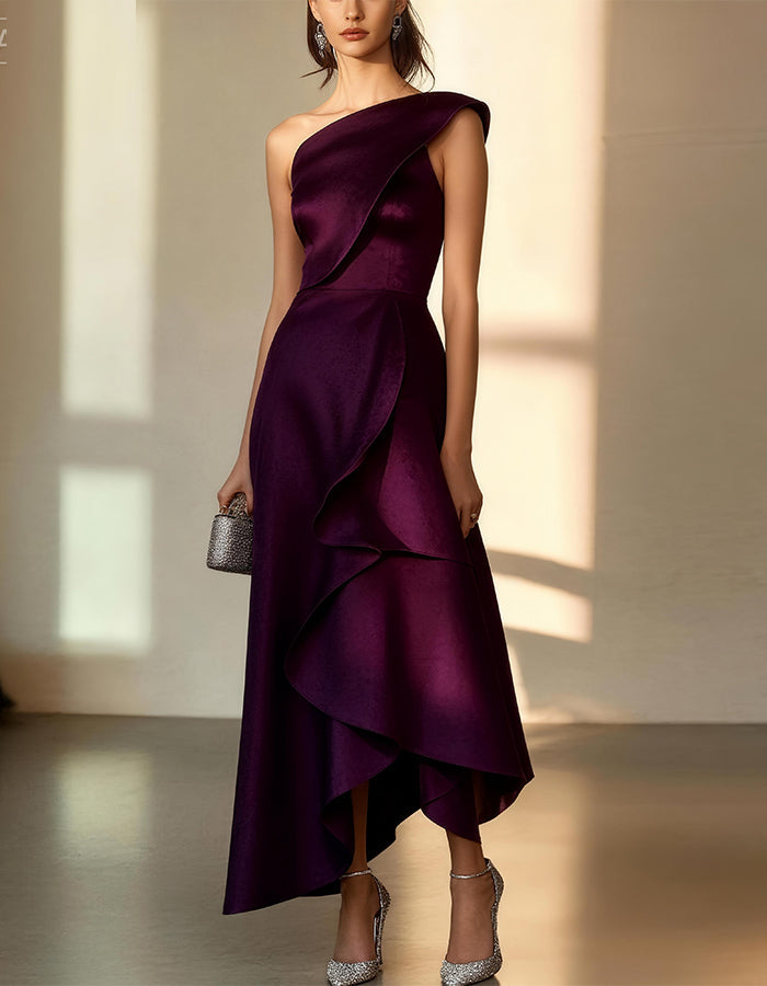 Elegant Satin One-Shoulder Gown with Asymmetric Ruffle