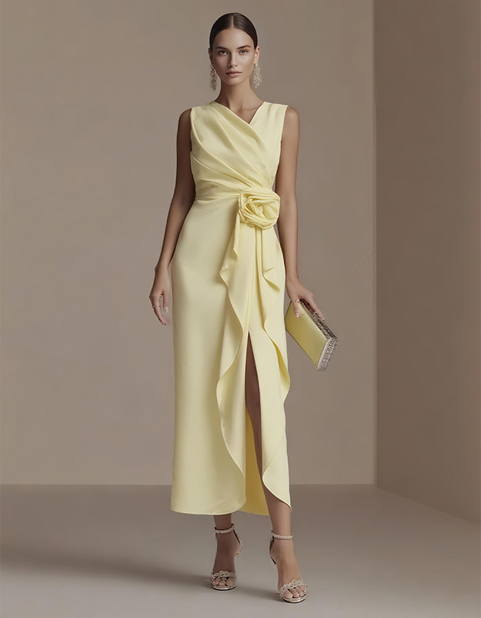 Elegant Satin Midi Dress with Draped Bodice and Floral Waist