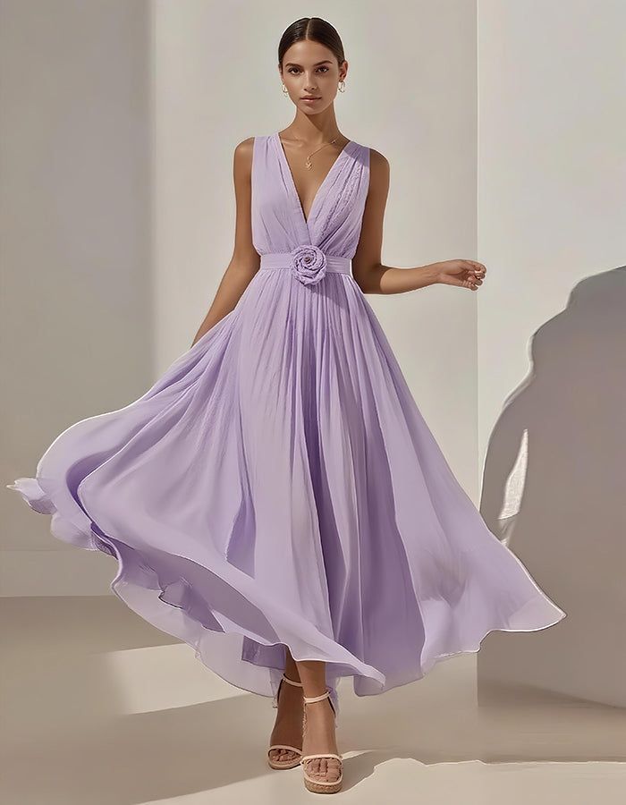 Romantic Pleated Chiffon Midi Dress with Floral Waist