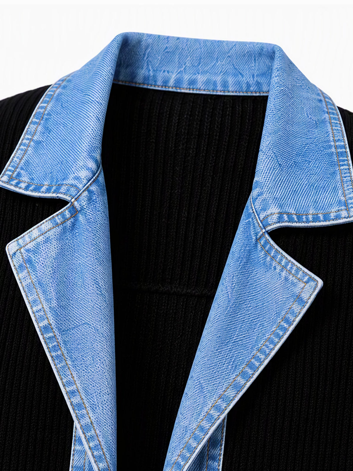 Elegant women's rib-knit coat with denim panels