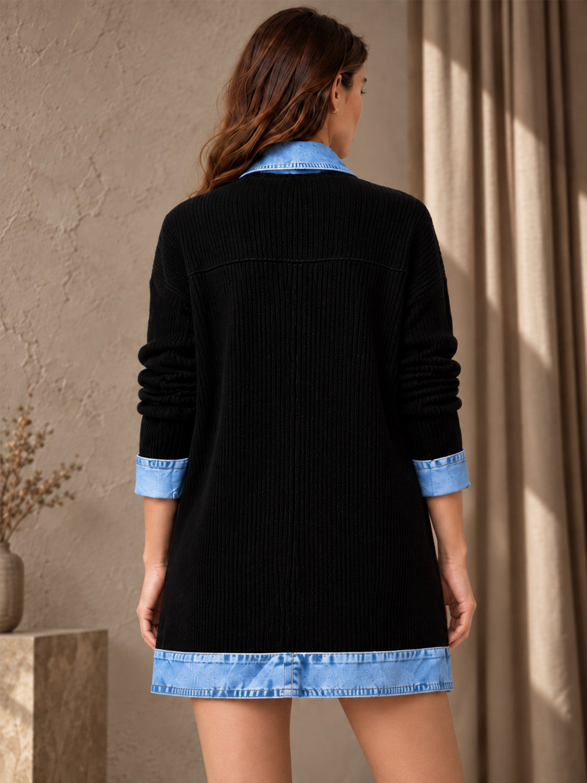 Elegant women's rib-knit coat with denim panels