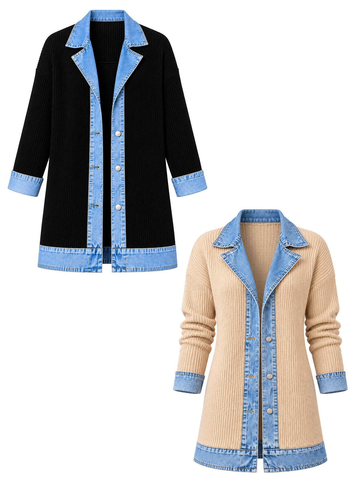 Elegant women's rib-knit coat with denim panels