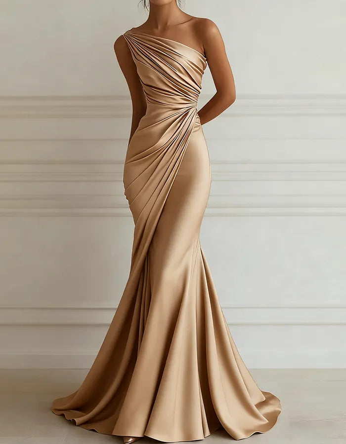 One-Shoulder Stretch Satin Pleated Maxi Dress