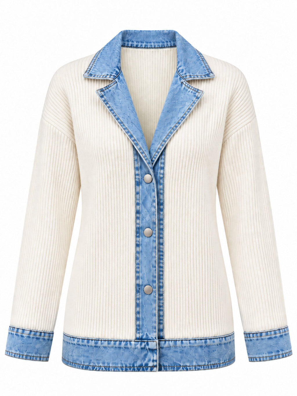 Elegant women's rib-knit coat with denim panels