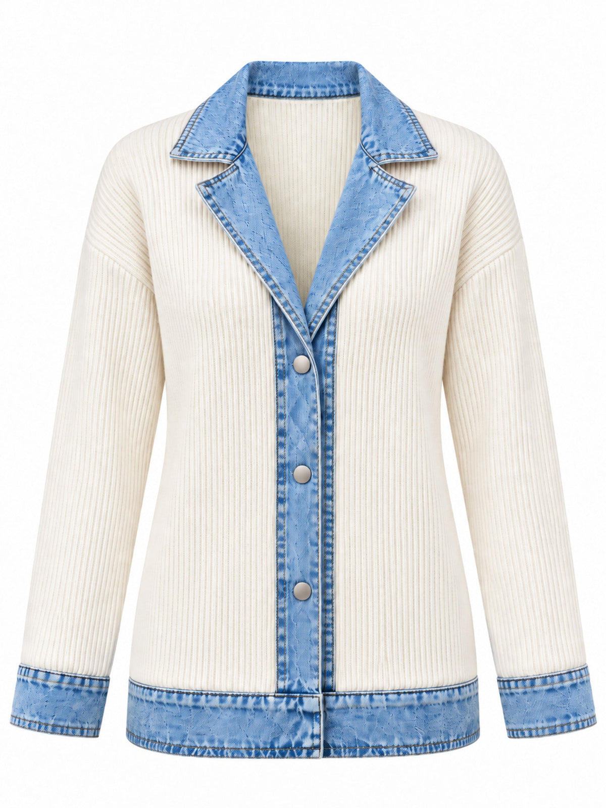 Elegant women's rib-knit coat with denim panels