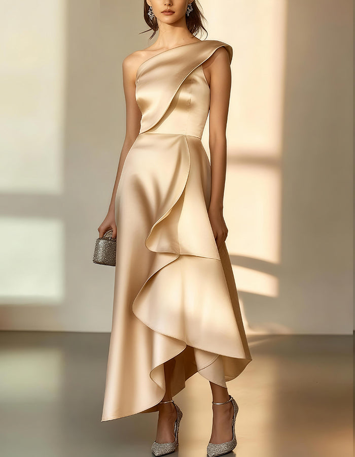 Elegant Satin One-Shoulder Gown with Asymmetric Ruffle