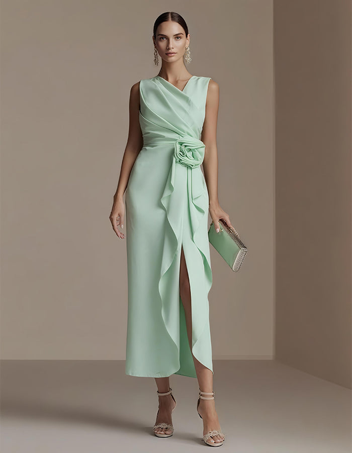 Elegant Satin Midi Dress with Draped Bodice and Floral Waist