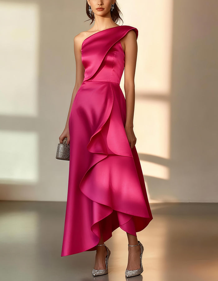 Elegant Satin One-Shoulder Gown with Asymmetric Ruffle