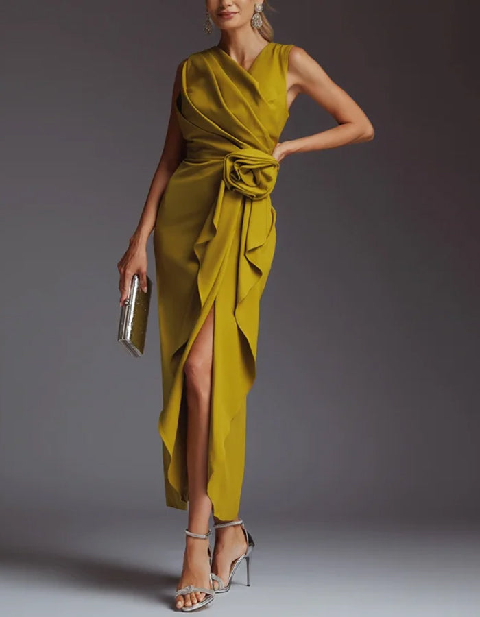 Elegant Satin Midi Dress with Draped Bodice and Floral Waist