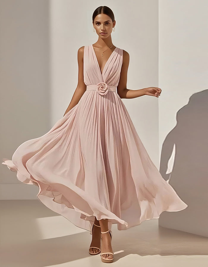 Romantic Pleated Chiffon Midi Dress with Floral Waist