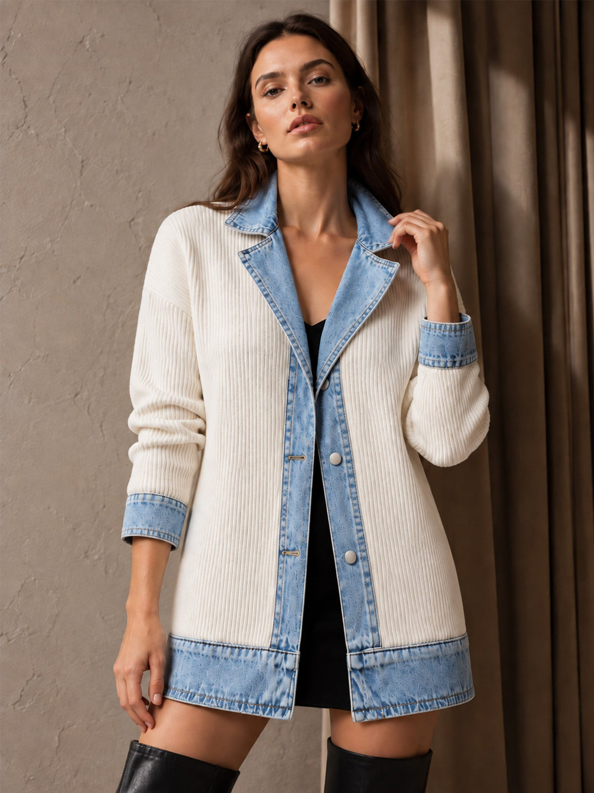 Elegant women's rib-knit coat with denim panels