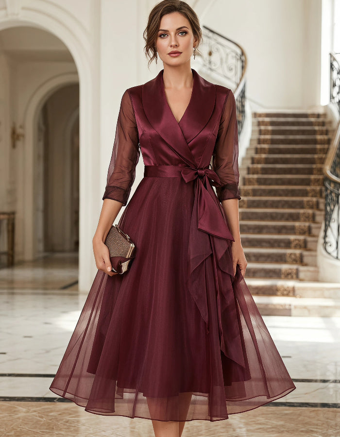 Burgundy Satin Tulle Midi Dress