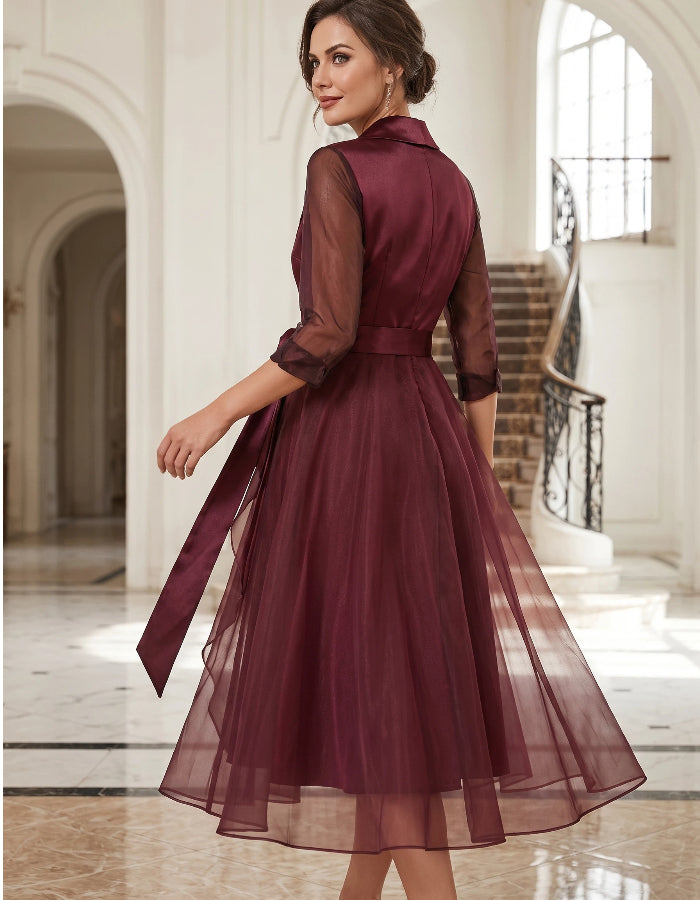 Burgundy Satin Tulle Midi Dress