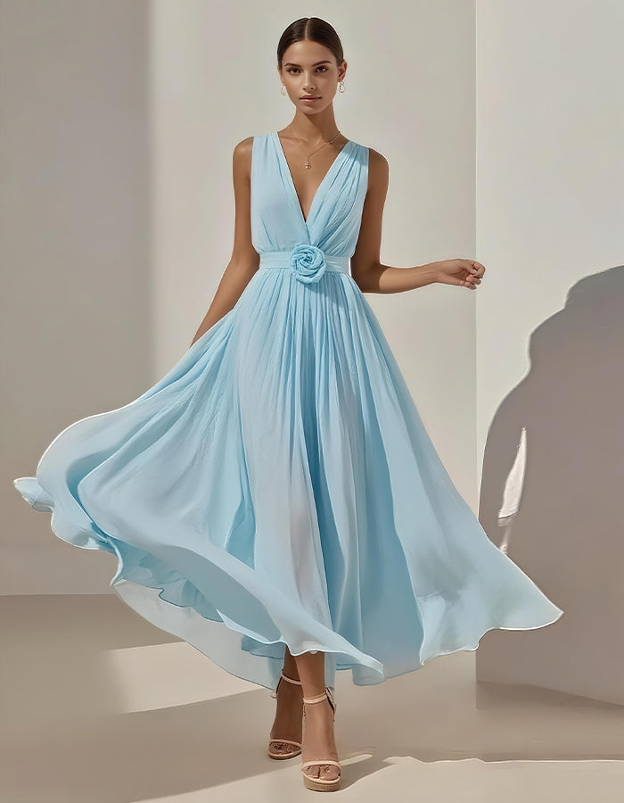 Romantic Pleated Chiffon Midi Dress with Floral Waist