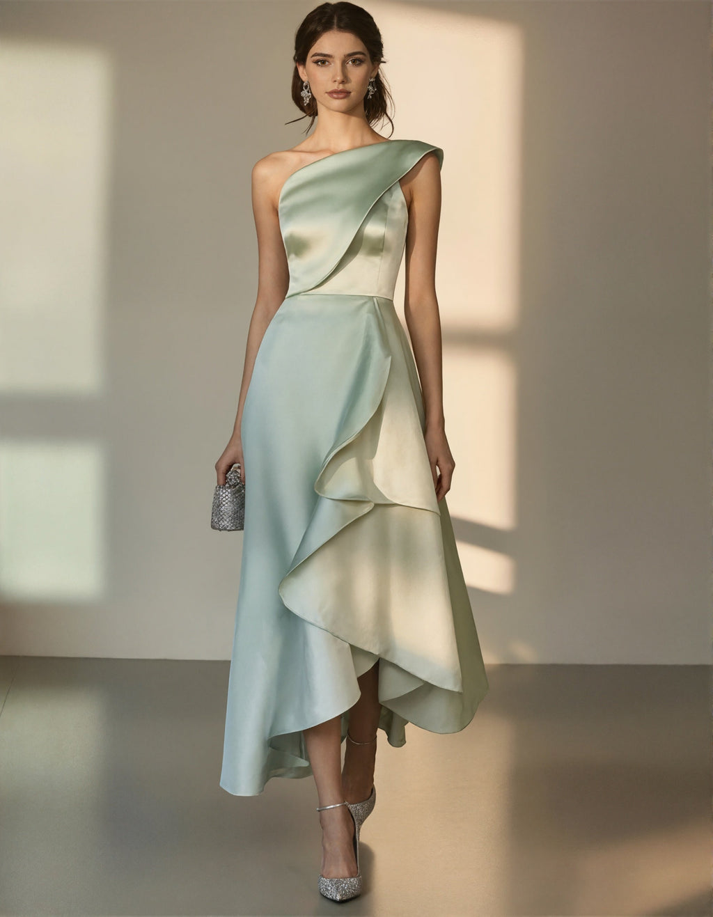 Elegant Satin One-Shoulder Gown with Asymmetric Ruffle
