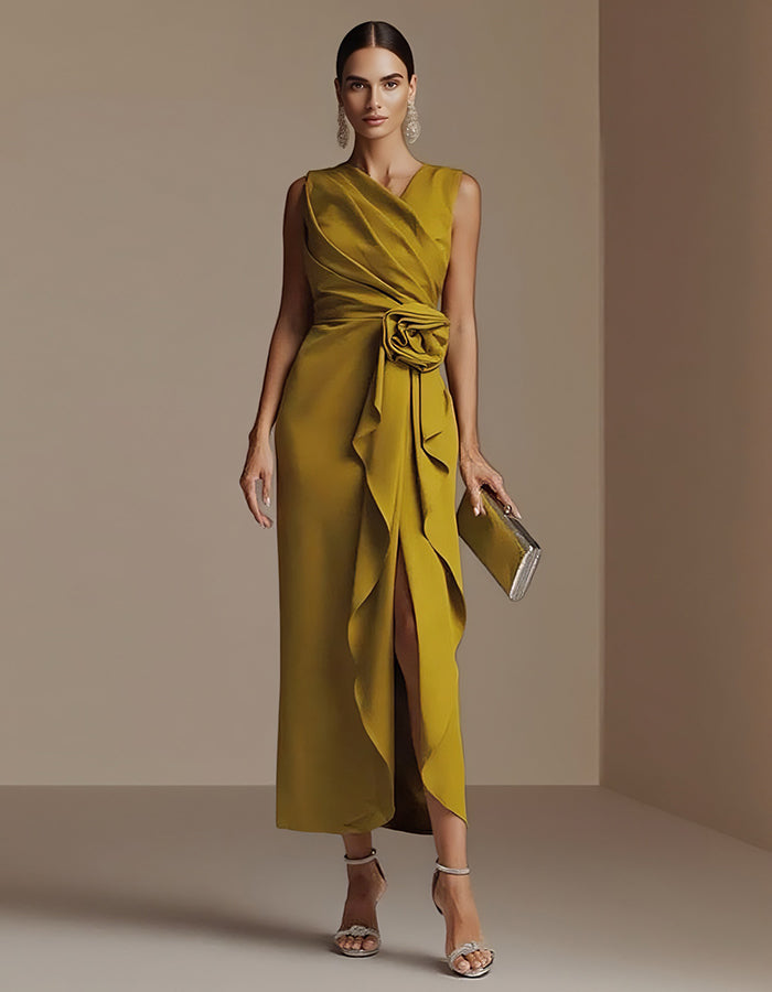 Elegant Satin Midi Dress with Draped Bodice and Floral Waist