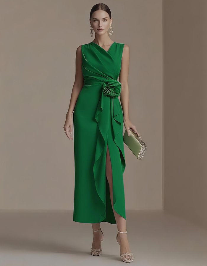 Elegant Satin Midi Dress with Draped Bodice and Floral Waist