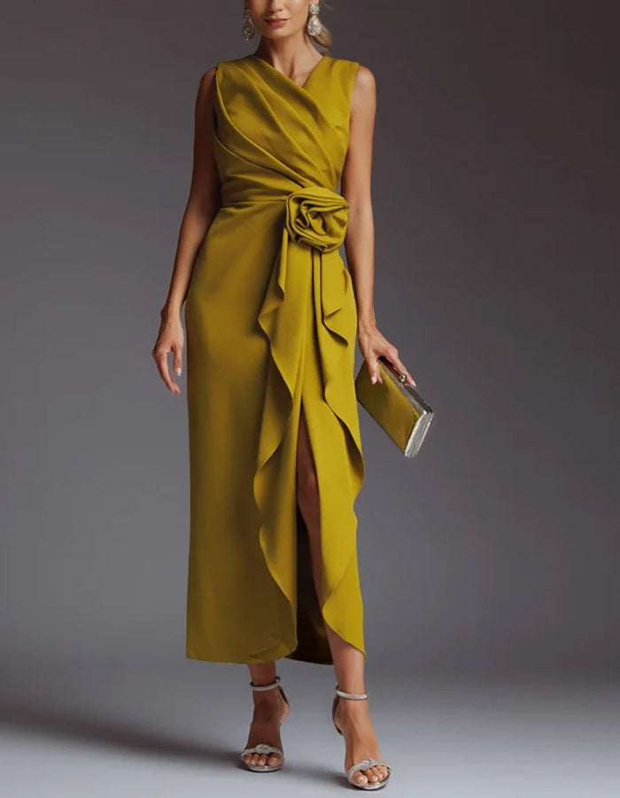 Elegant Satin Midi Dress with Draped Bodice and Floral Waist