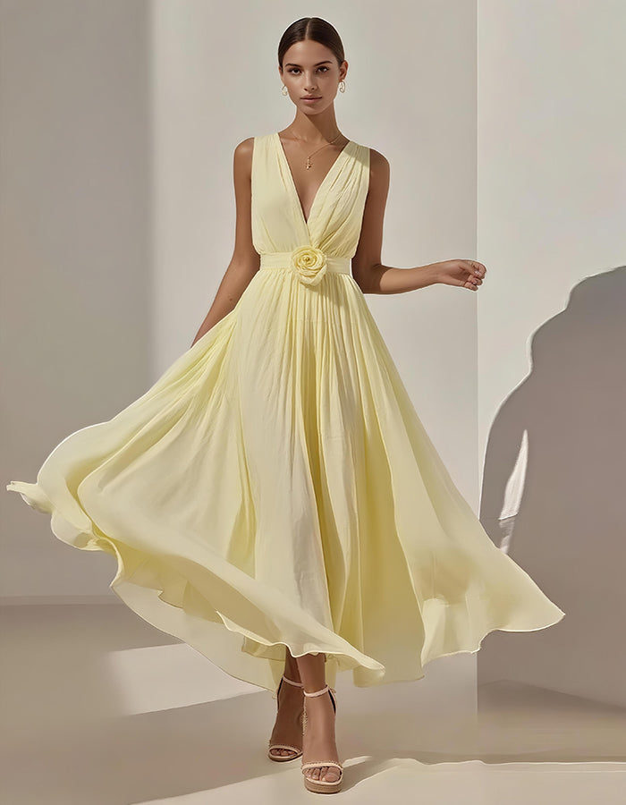 Romantic Pleated Chiffon Midi Dress with Floral Waist