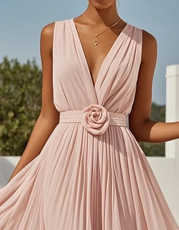 Romantic Pleated Chiffon Midi Dress with Floral Waist
