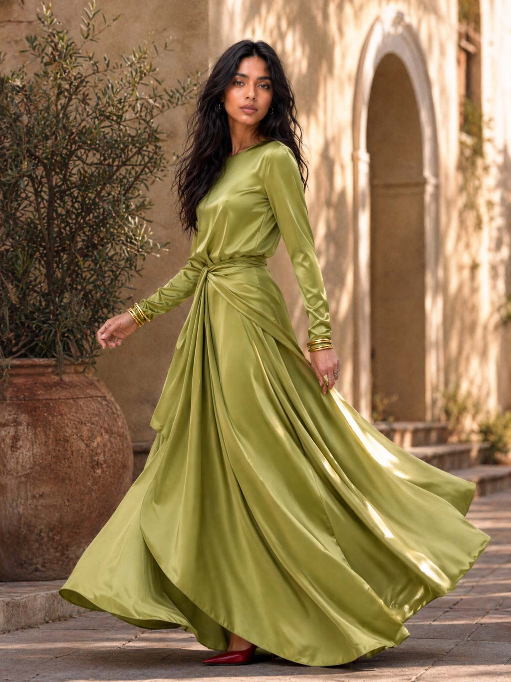 Elegant Maxi Satin Dress with Sophisticated Draping