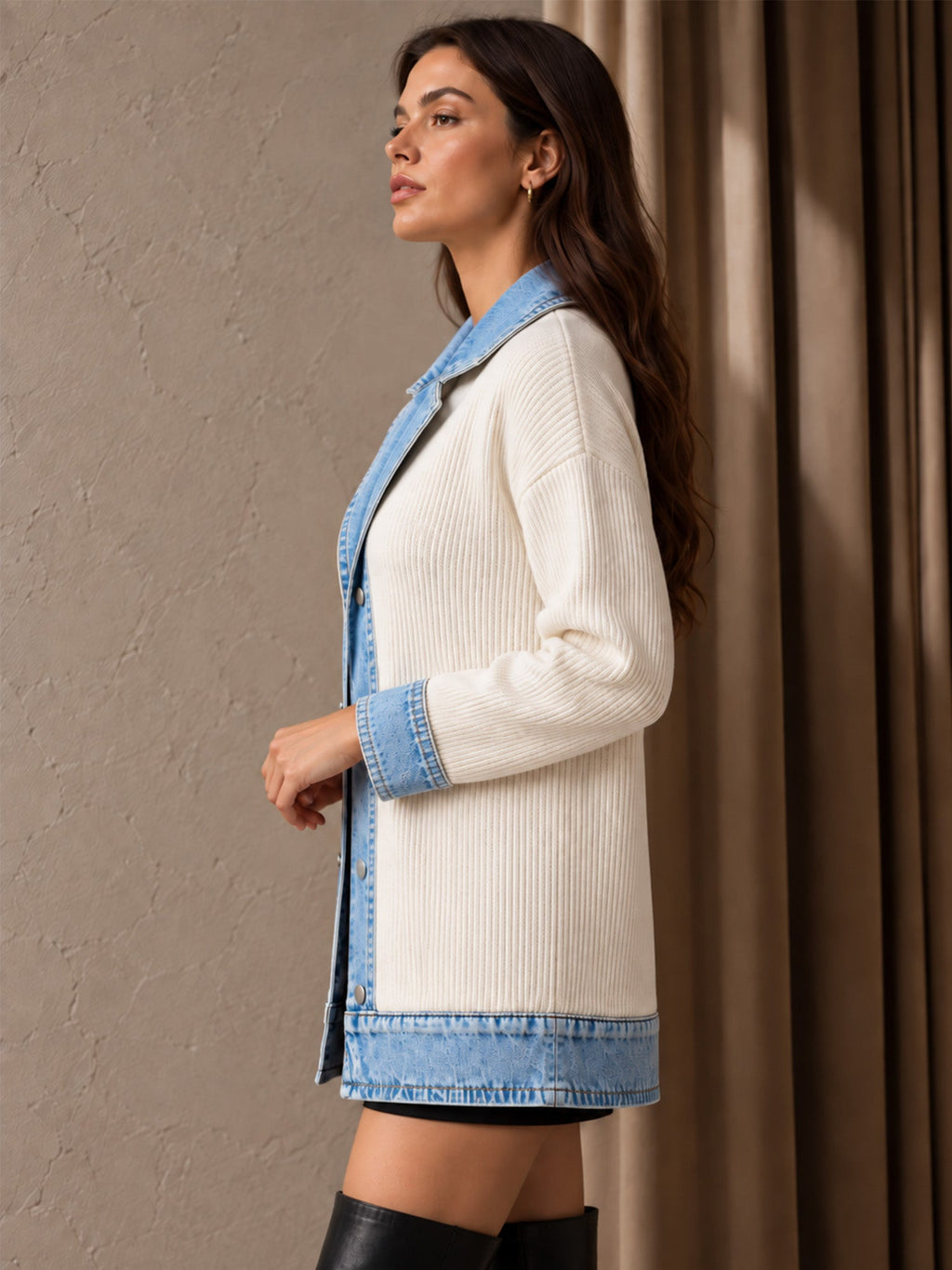 Elegant women's rib-knit coat with denim panels