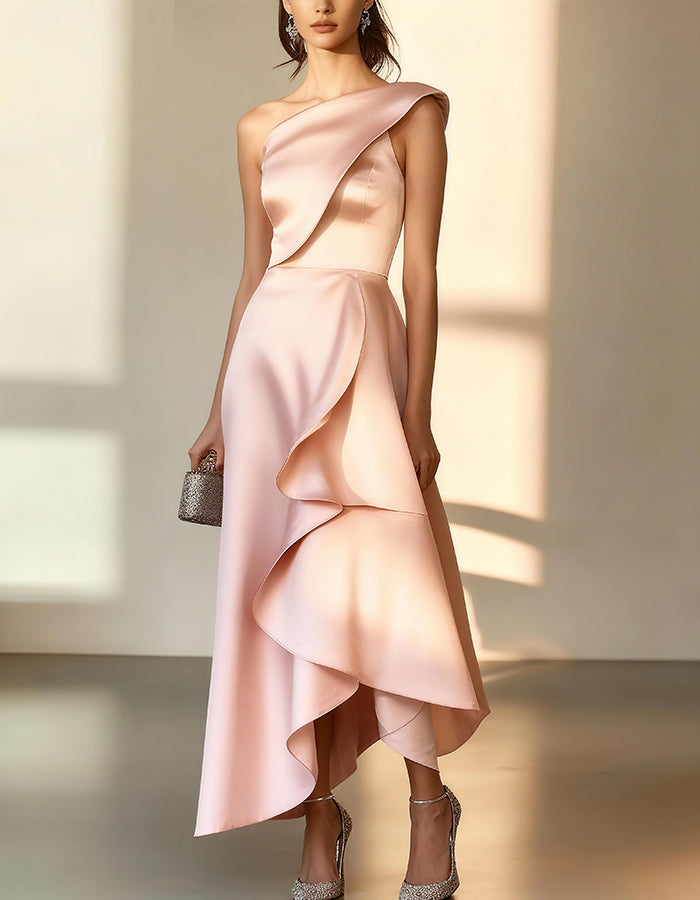 Elegant Satin One-Shoulder Gown with Asymmetric Ruffle