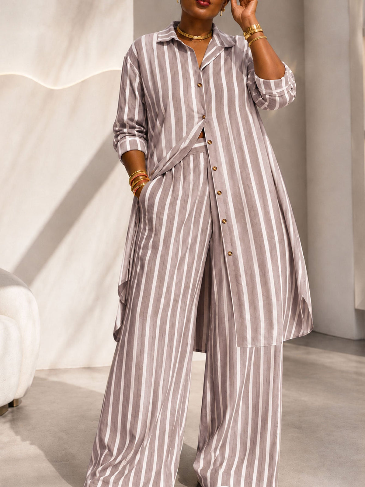 Women’s Elegant Striped Longline Two-Piece Set