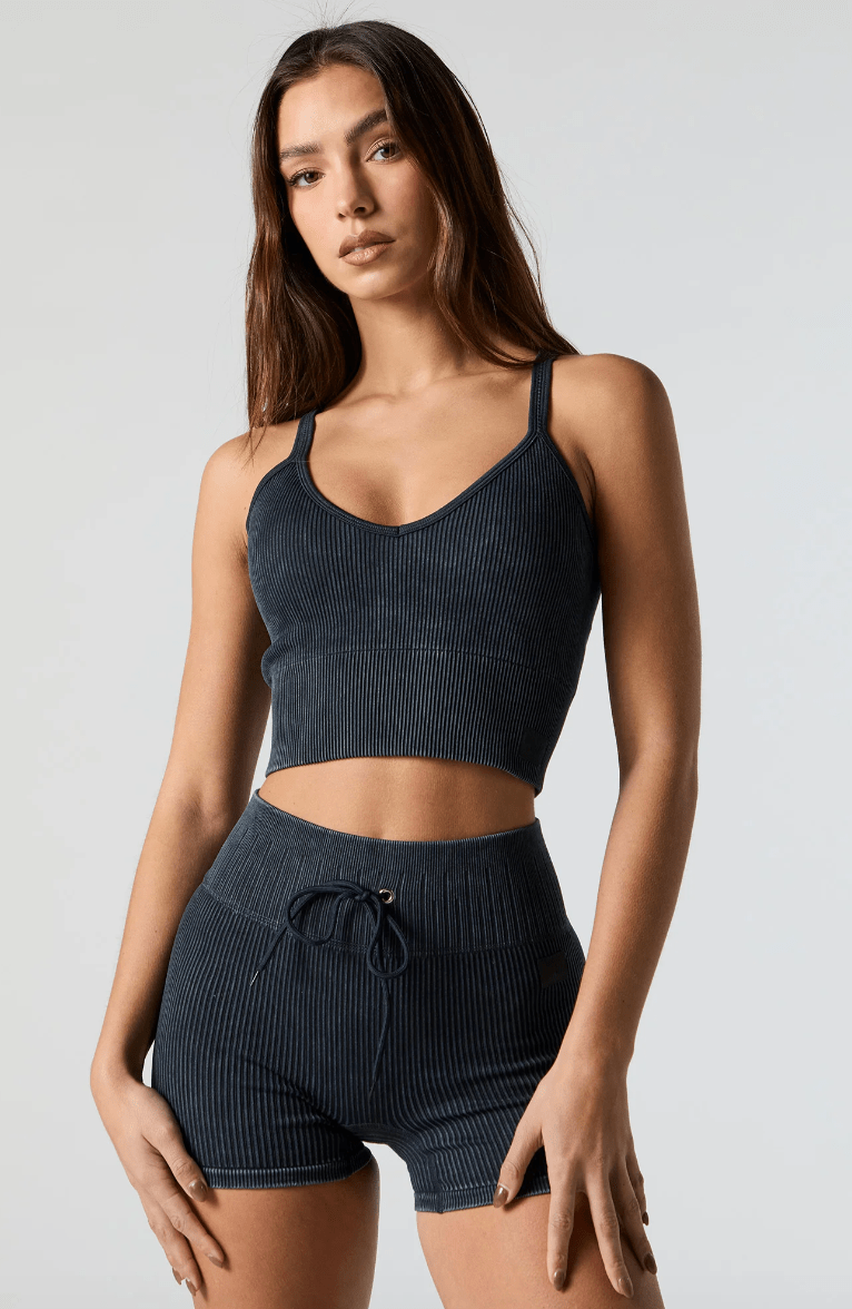 Monathic High-Waisted Ribbed Biker Shorts with Adjustable Tie Waist