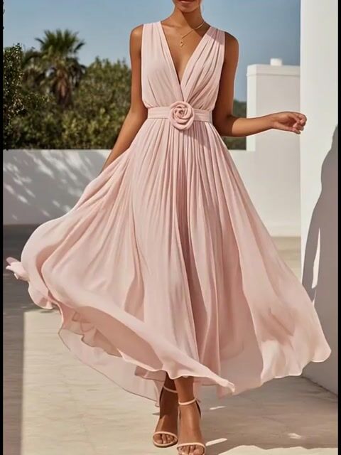 Romantic Pleated Chiffon Midi Dress with Floral Waist