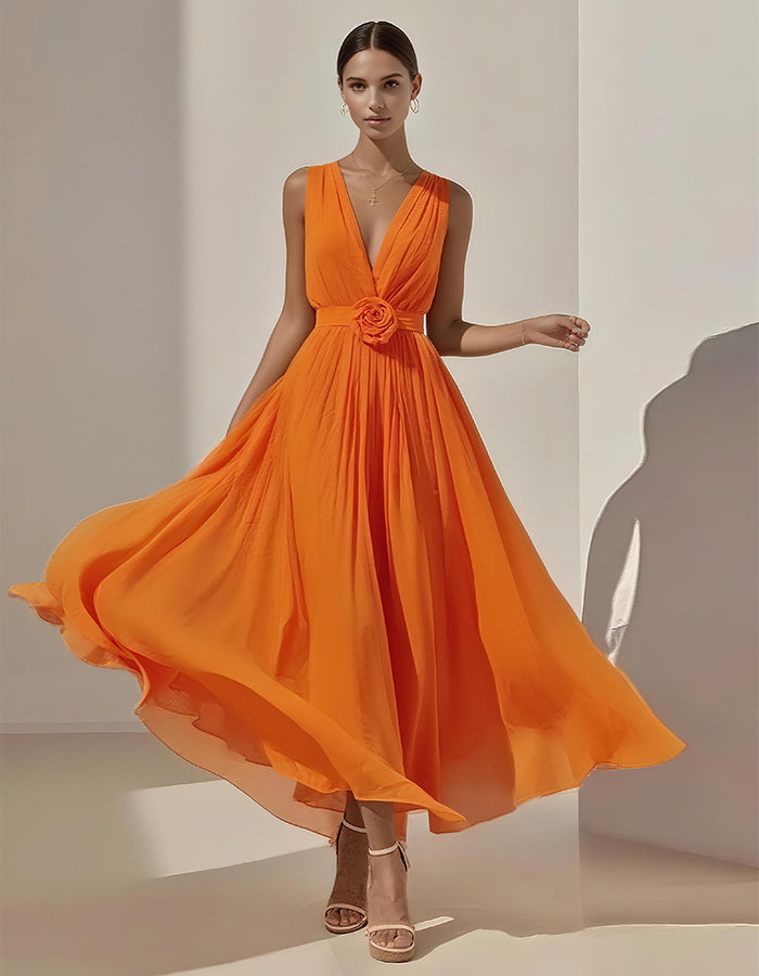 Romantic Pleated Chiffon Midi Dress with Floral Waist