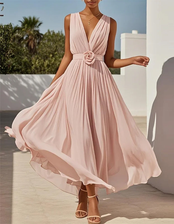 Romantic Pleated Chiffon Midi Dress with Floral Waist