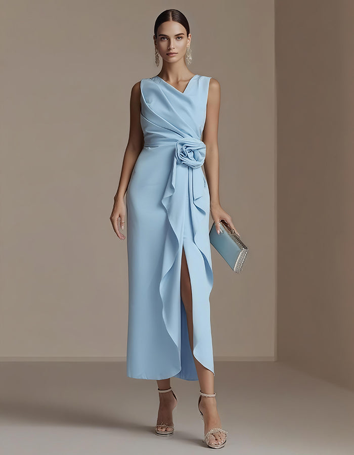 Elegant Satin Midi Dress with Draped Bodice and Floral Waist
