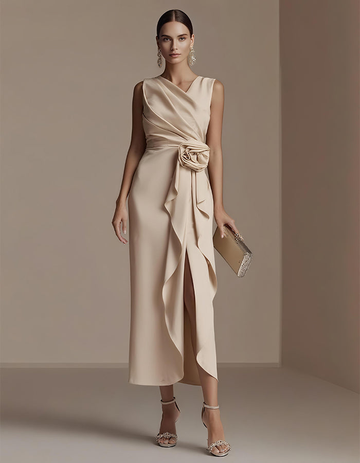 Elegant Satin Midi Dress with Draped Bodice and Floral Waist