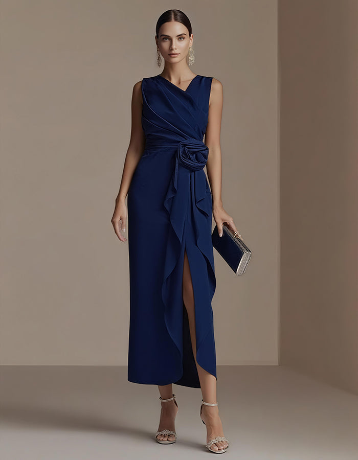 Elegant Satin Midi Dress with Draped Bodice and Floral Waist